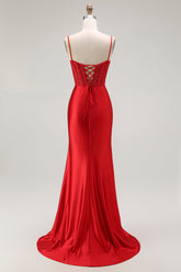 Rotes Meerjungfrau Spaghettiträger Korsett Plissee Langes Ballkleid mit Schlitz
